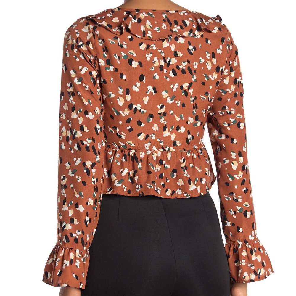 Camel Long Sleeve Ruffled V Neck Crop Blouse Top - Picture 3 of 8